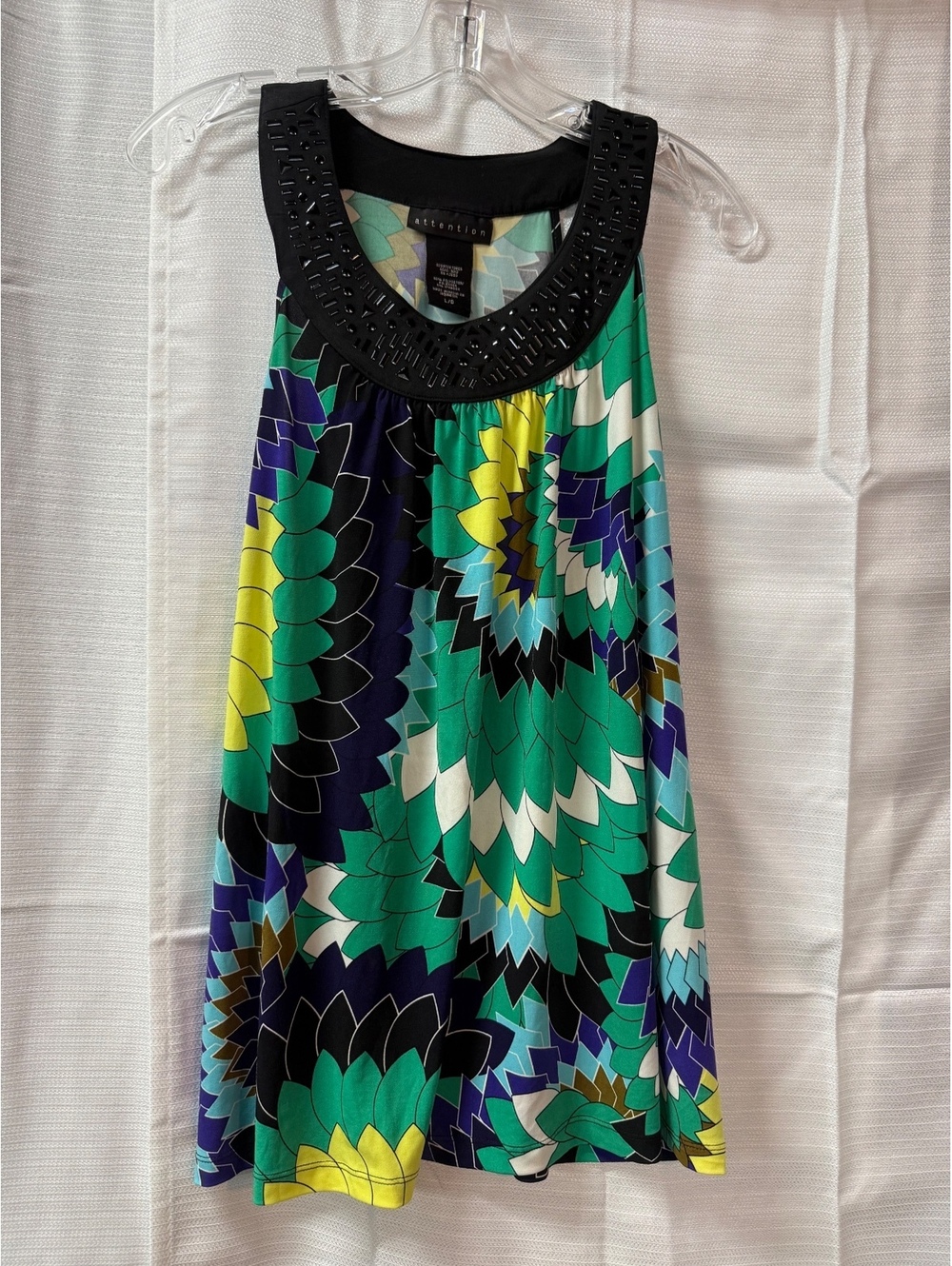 Attention Women's Sleeveless Printed Dress with Beaded Neckline, Size L/G
